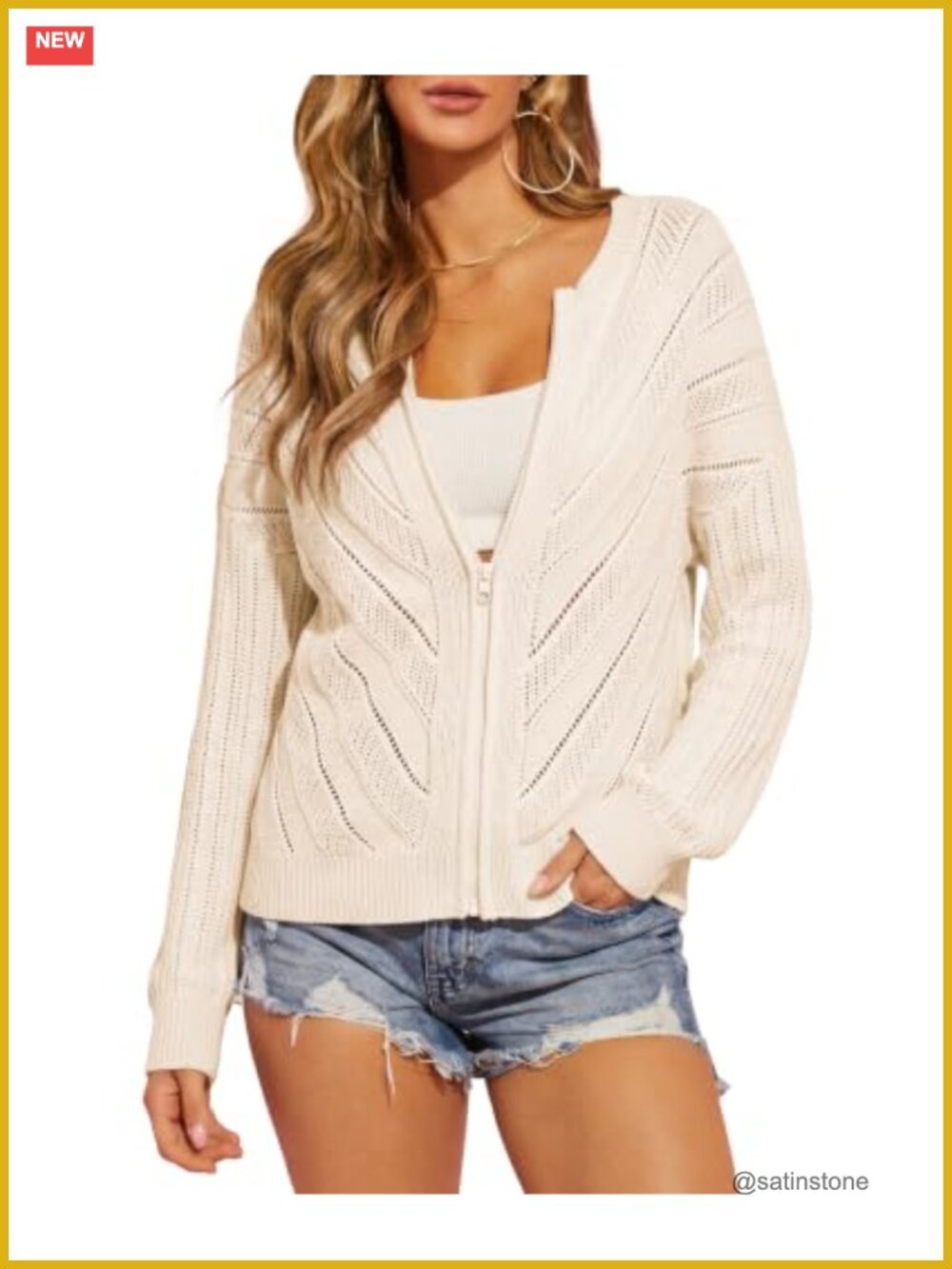 Crochet Cardigan Zip Up Long Sleeve Hollow Out Loose Fit Knit Women
